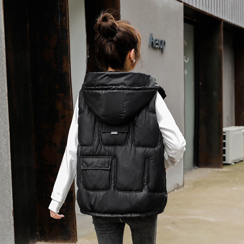 Korean version of the wash-free shiny down cotton vest female  winter thickened hooded short waistcoat vest vest jacket