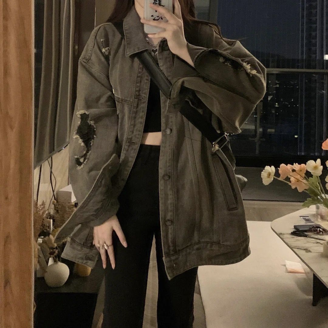 Korean version design sense hole black gray denim jacket female spring and autumn new retro student fashionable top jacket trendy
