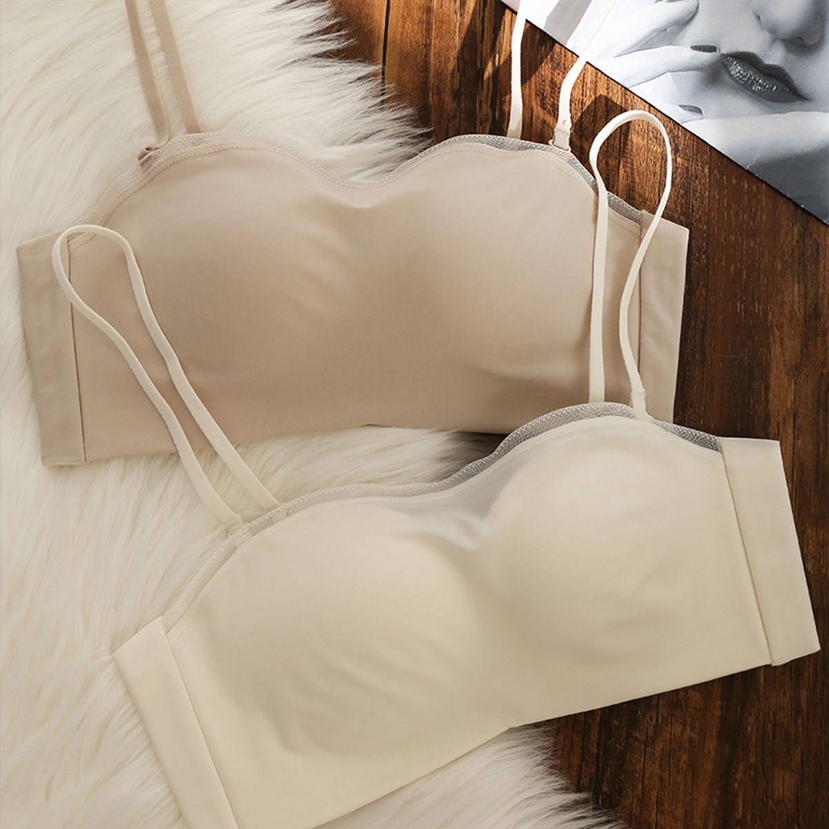 Pure color seamless underwear female detachable shoulder strap tube top non-slip gather sexy bra girl glossy bra set