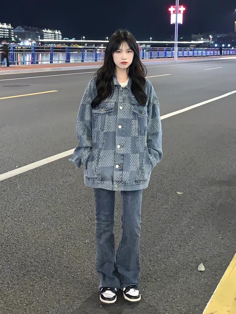 American retro plaid denim jacket female spring and autumn loose casual all-match vintage jacket tops ins trendy brand