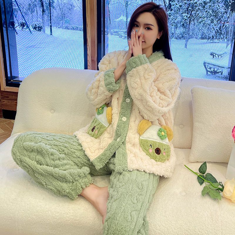  autumn and winter new pajamas women's thickened plus velvet cartoon casual suit jacquard coral fleece home clothes