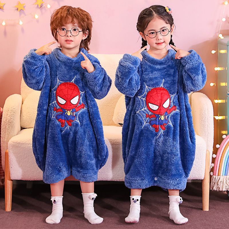 Children's pajamas winter one-piece plush boys and girls cartoon anti-kick quilt sleeping bag thickened home clothes for big children