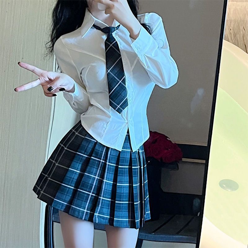 學院風純欲上衣小心機收腰襯衫上衣女春季高腰百褶半身裙兩件套裝