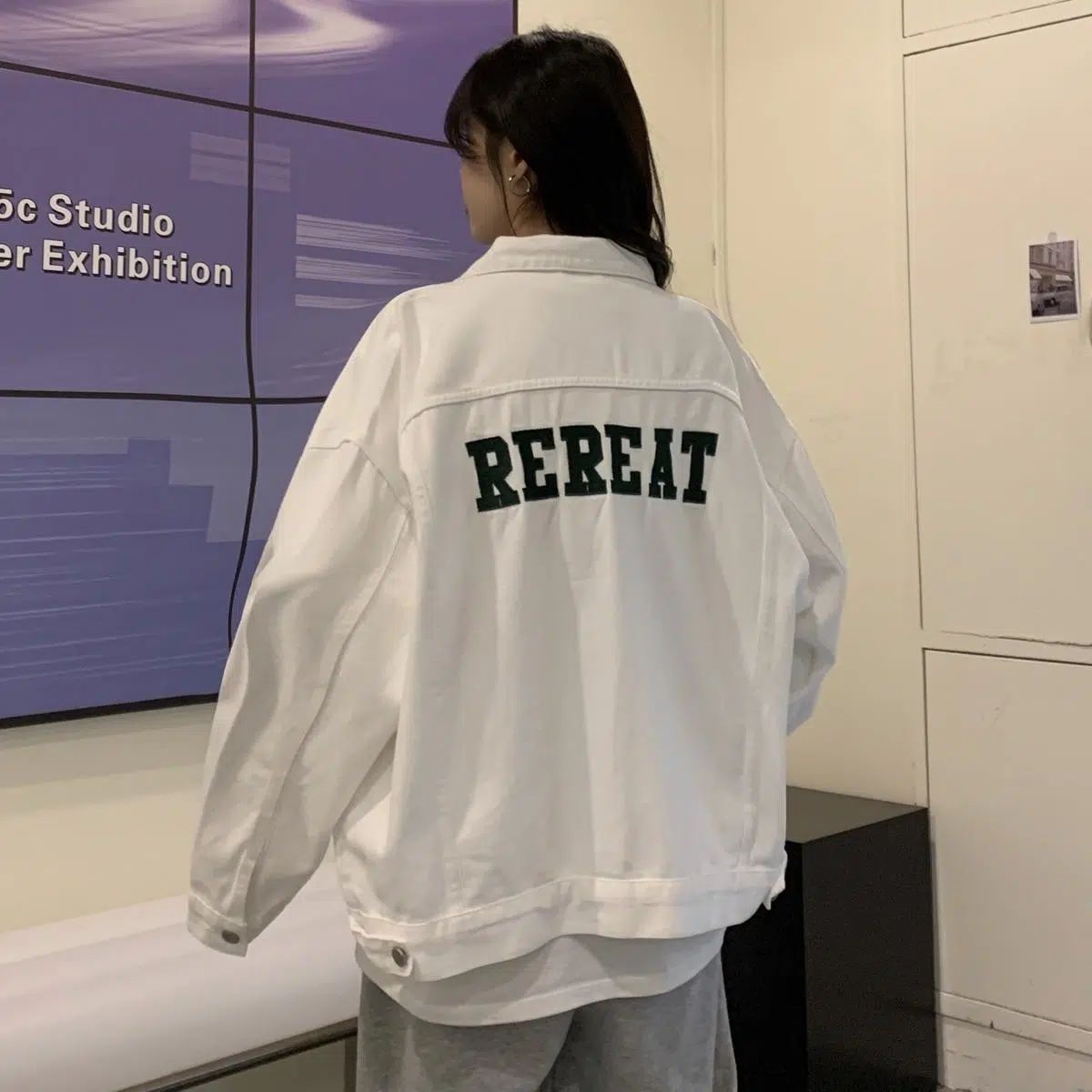 Hong Kong style retro chic letter embroidery white denim jacket female spring and autumn student loose casual jacket tide ins