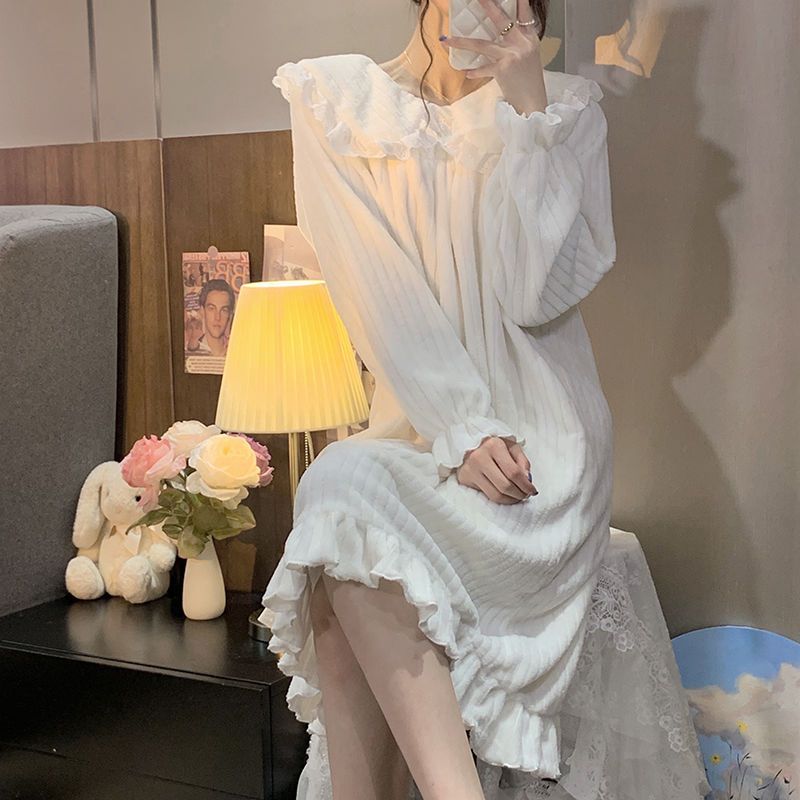 宮廷風秋冬季珊瑚絨中長款睡裙純欲風睡衣女冬天法蘭絨學生家居服
