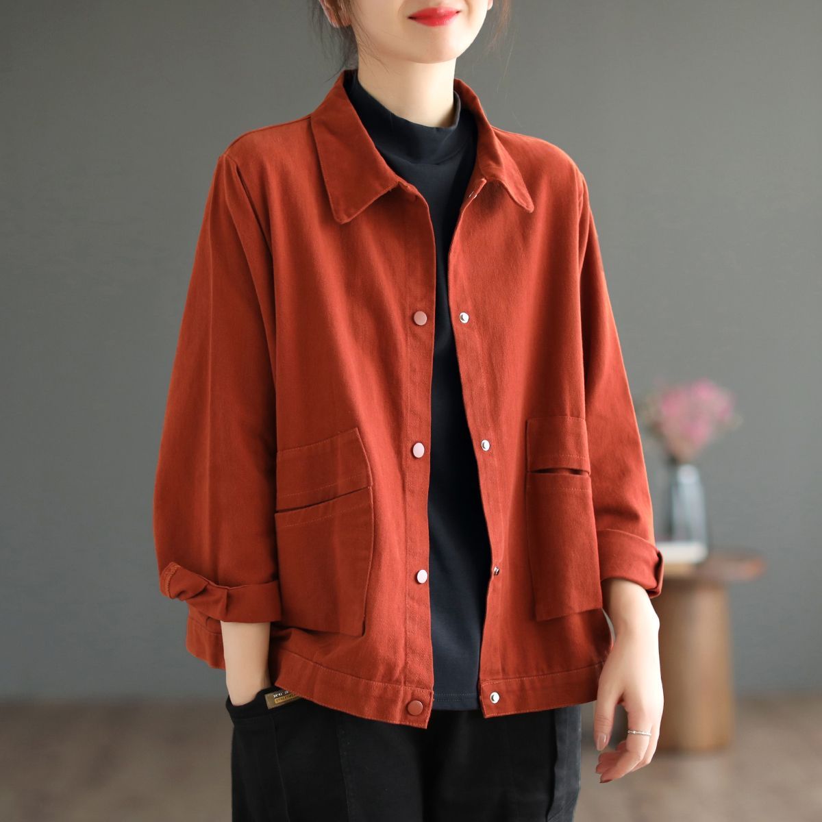 Pure cotton washed cotton solid color workwear short jacket for women autumn new commute simple large size casual top