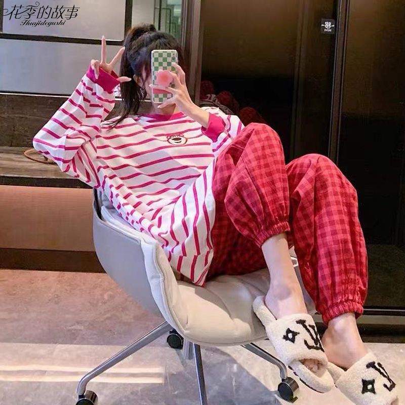 花季的故事睡衣女長袖條紋韓版卡通新款學生宿舍ins風可外穿春秋