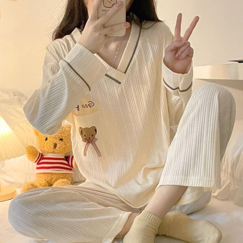 Fat mm pajamas women's spring and autumn long-sleeved trousers ins solid color v-neck sweet lady loose large size home service suit