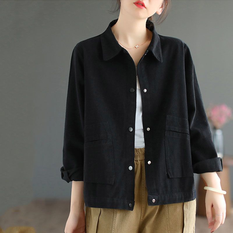 Pure cotton washed cotton solid color workwear short jacket for women autumn new commute simple large size casual top