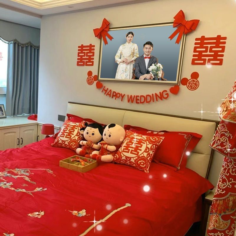 婚房床头婚纱照布置套装结婚装饰大全卧室网红ins风拉花女方用品