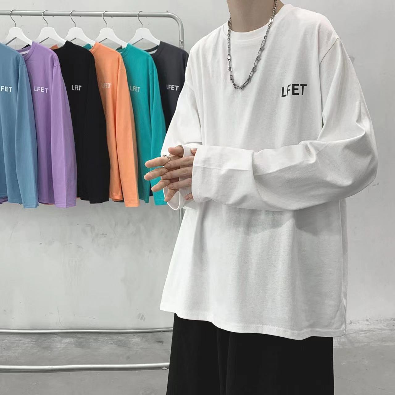 100%純棉長袖男內穿ins原宿風簡約寬鬆打底衫學生韓版上衣白色t恤
