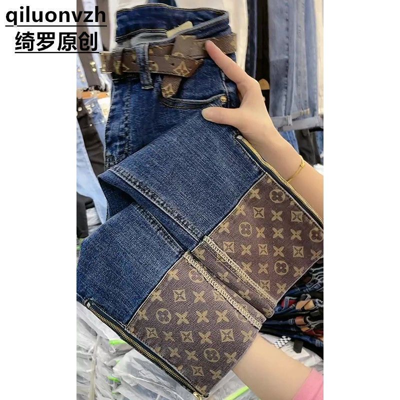 歐洲站彈力直筒牛仔褲女士2023春秋新款高腰印花褲腳九分煙管褲子