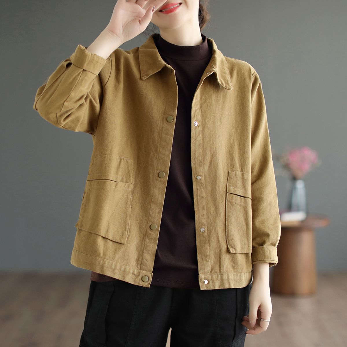 Pure cotton washed cotton solid color workwear short jacket for women autumn new commute simple large size casual top