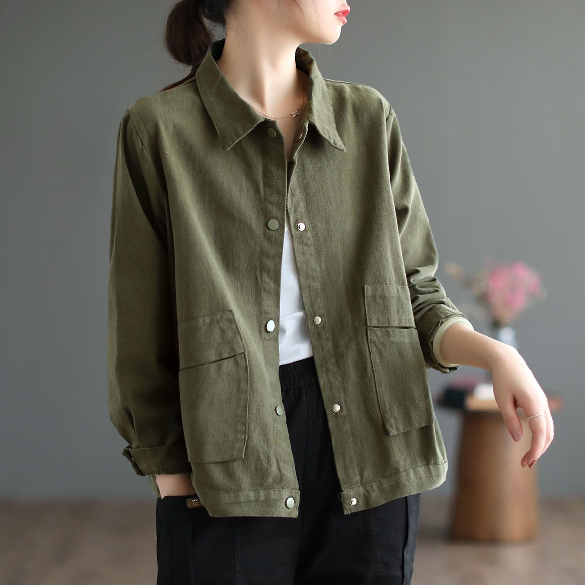 Pure cotton washed cotton solid color workwear short jacket for women autumn new commute simple large size casual top