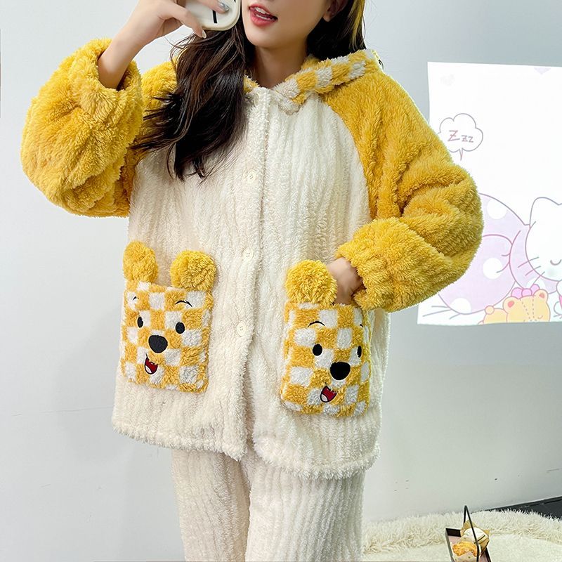 Duckling Pajamas Women's Autumn and Winter Plush Jacquard Coral Fleece Thickened Cardigan Sweet Flannel Home Service Set