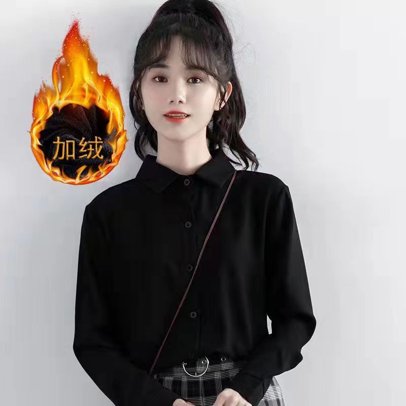 2023新款防寒學院風加絨加厚黑襯衫女百搭顯瘦減齡JK制服白襯衣潮