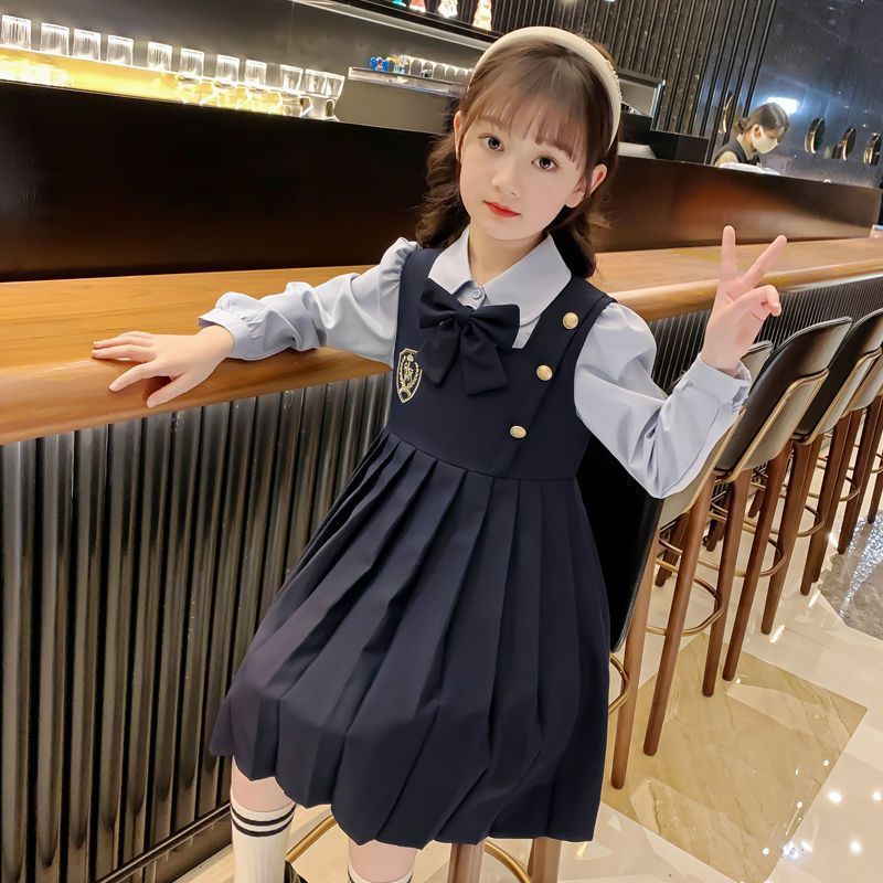 女童連衣裙春秋新款學院風襯衫裙子兒童lolita裙假兩件洋氣公主裙