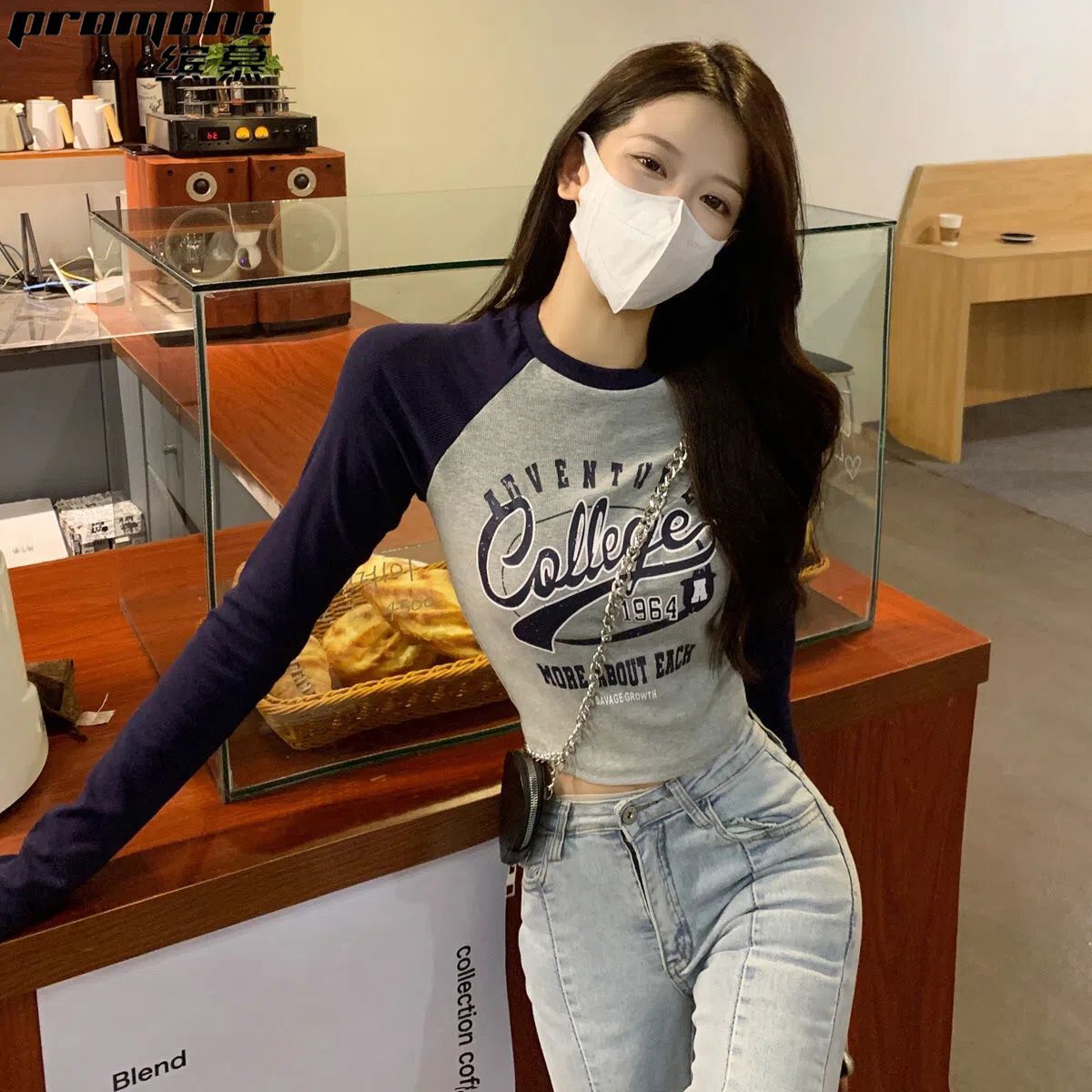 PROMONE撞色長袖t恤女插肩袖印花女士打底衫小眾別致短款上衣ins