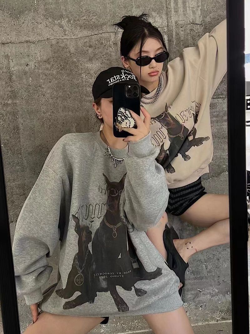 吉兔狗 纯棉杜宾狗卫衣印花圆领套头韩版宽松卫衣女秋冬款慵懒风