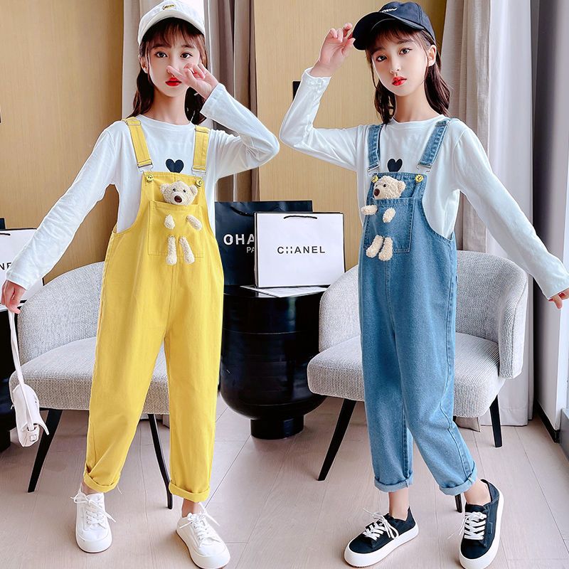 女童牛仔背帶褲套裝春秋款2023新款洋氣寬鬆女大童兒童秋季兩件套