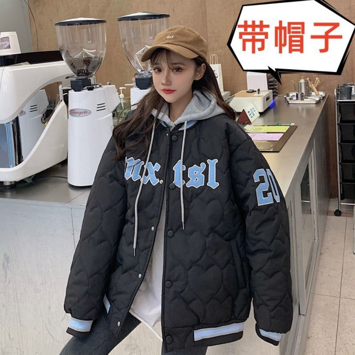 ins愛心刺繡棒球服女夾克2022冬季百搭寬鬆加厚連帽外套棉衣棉服