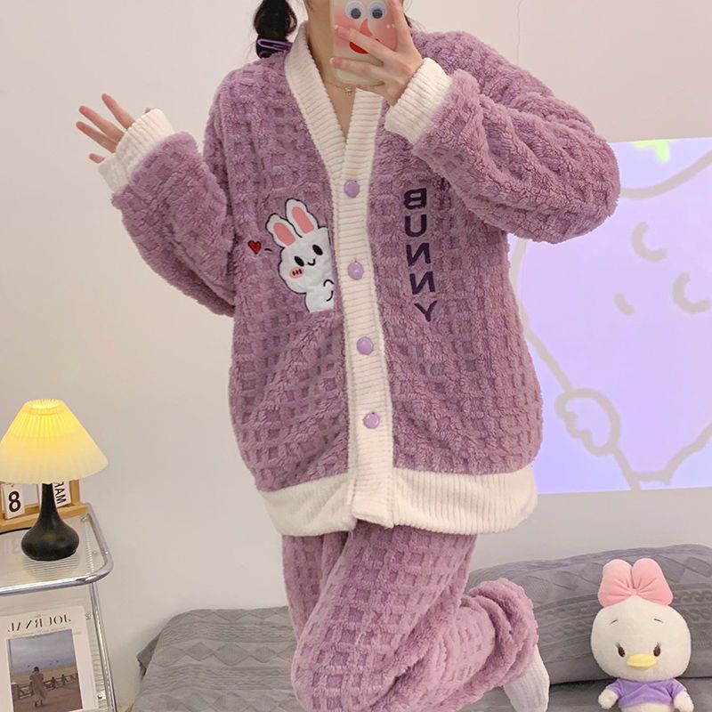 Pajamas women's winter coral fleece  new waffle autumn and winter purple cardigan cartoon home service suit