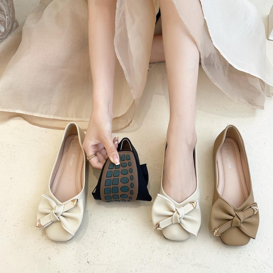 Net red tendon bottom non-slip slip-on shallow mouth autumn new French retro bow square head flat-bottomed grandma shoes