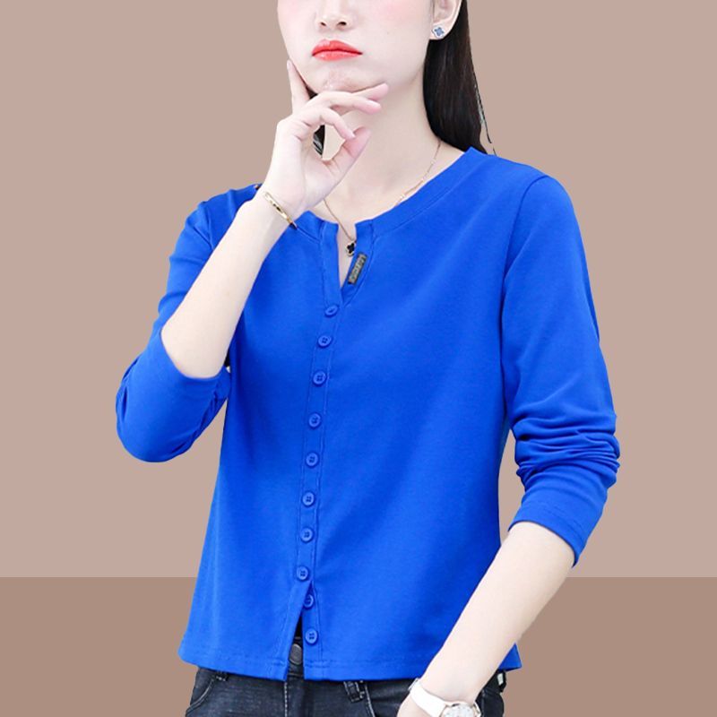 Pure cotton spring and autumn bottoming shirt long-sleeved T-shirt women's V-neck slim-fit short section 2023 new Korean version of Klein blue top trend
