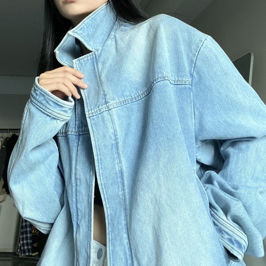 Light blue washed water worn edge three-dimensional placket denim jacket jacket for men and women