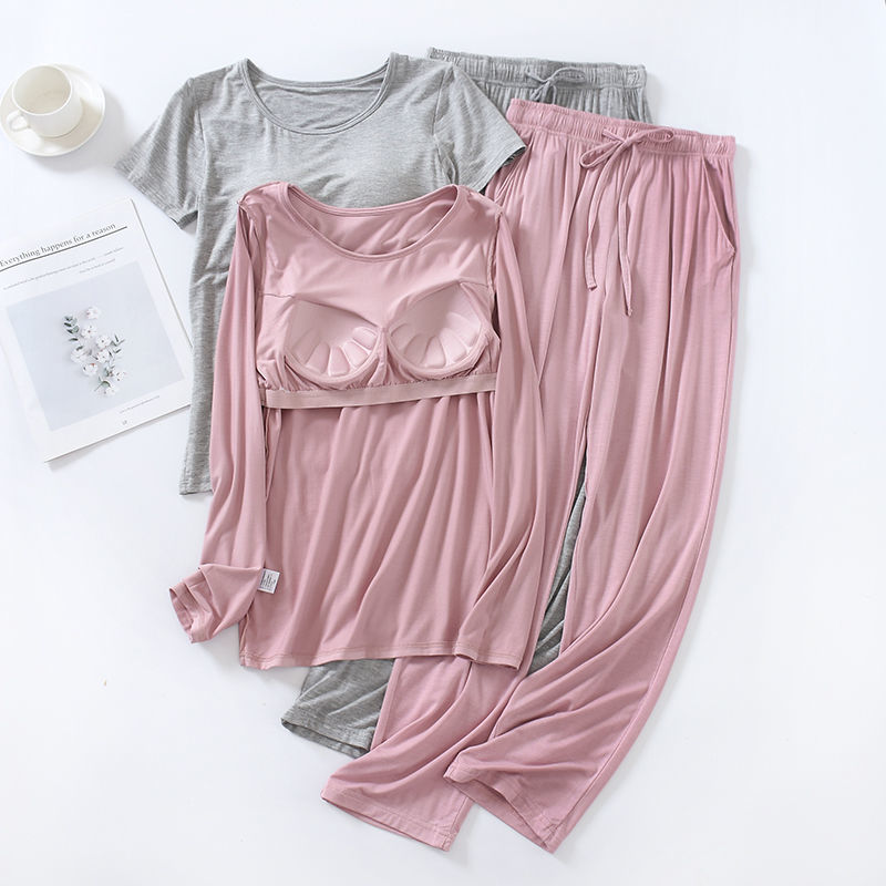 Modal pajamas with chest pad ladies long-sleeved spring and autumn summer pure cotton can be worn outside summer home service two-piece suit