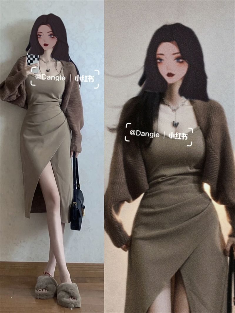 2022秋季純欲風甜辣妹套裝女短款針織開衫外套吊帶開叉褶皺連衣裙