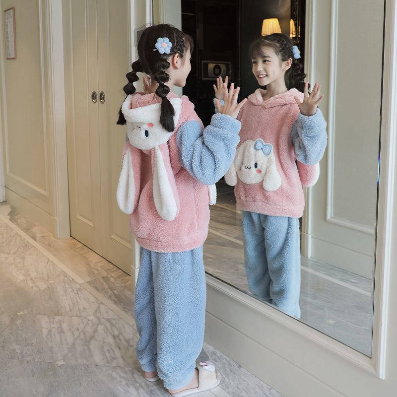 冬季冬款兒童睡衣女童男童帶帽子小孩睡衣女時尚法蘭絨家居服套裝