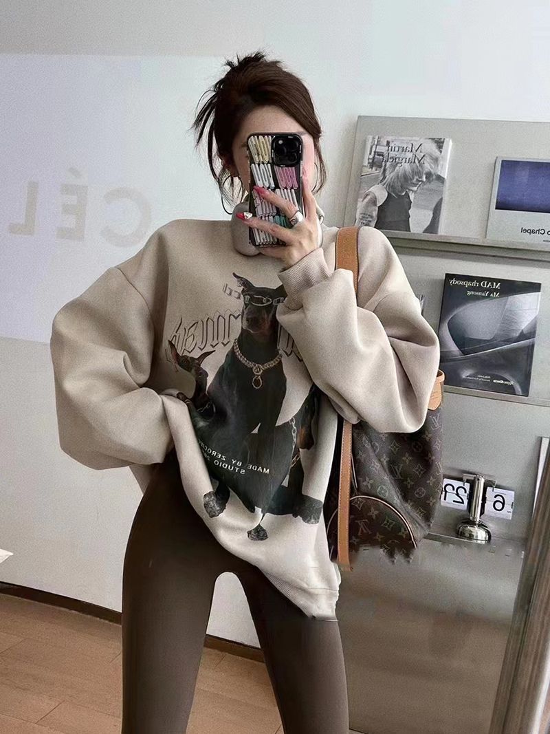 吉兔狗 纯棉杜宾狗卫衣印花圆领套头韩版宽松卫衣女秋冬款慵懒风