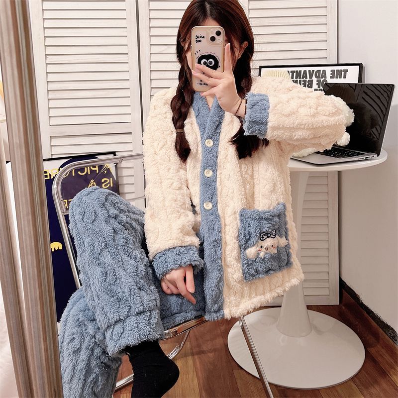 Cartoon cute cinnamon dog pajamas female winter flannel ins sweet student long-sleeved loose home service suit