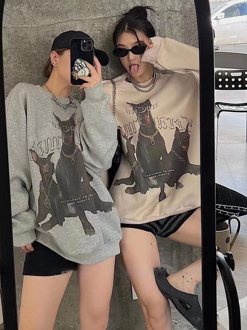 吉兔狗 纯棉杜宾狗卫衣印花圆领套头韩版宽松卫衣女秋冬款慵懒风