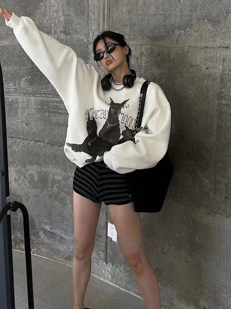 吉兔狗 纯棉杜宾狗卫衣印花圆领套头韩版宽松卫衣女秋冬款慵懒风