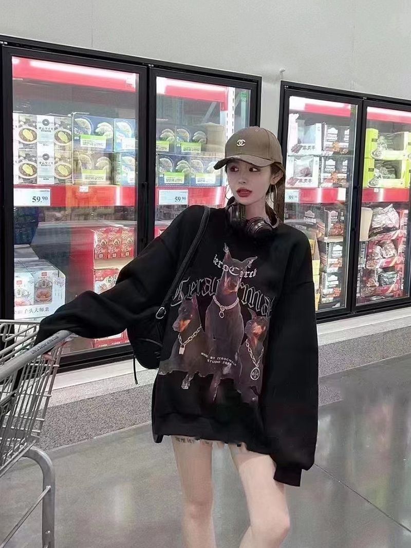 吉兔狗 纯棉杜宾狗卫衣印花圆领套头韩版宽松卫衣女秋冬款慵懒风