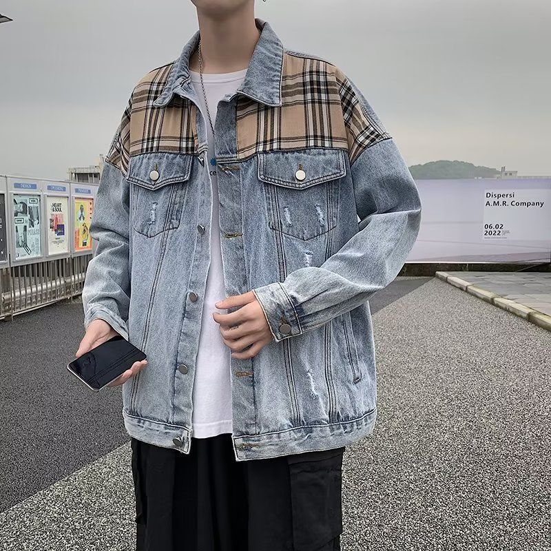 2022 autumn and winter Hong Kong style denim jacket men's loose ruffian handsome stitching top trend Korean version of ins casual jacket