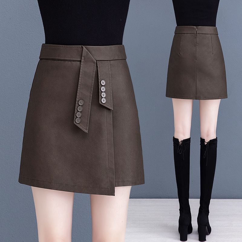 Coffee color leather skirt women's autumn and winter new fashion irregular PU leather skirt high waist a-line bag hip skirt