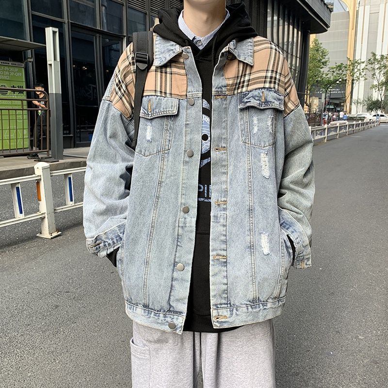 2022 autumn and winter Hong Kong style denim jacket men's loose ruffian handsome stitching top trend Korean version of ins casual jacket