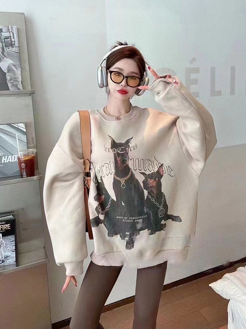 吉兔狗 纯棉杜宾狗卫衣印花圆领套头韩版宽松卫衣女秋冬款慵懒风