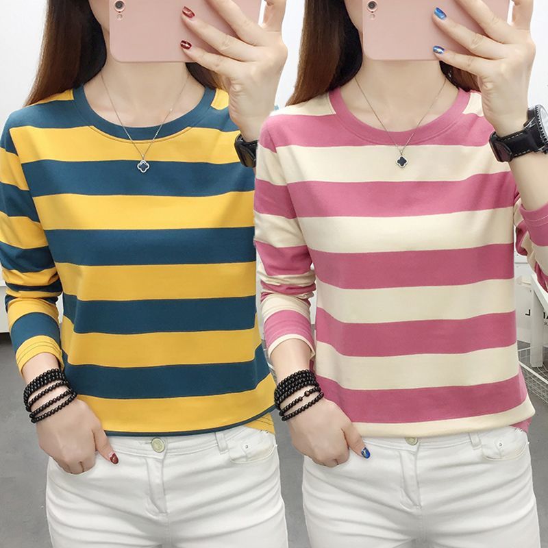 Pure cotton long-sleeved t-shirt women's loose large size slimming bottoming shirt 2022 spring and autumn new striped round neck top
