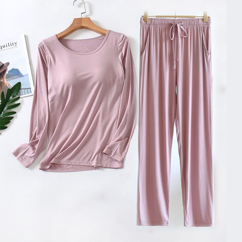 Modal pajamas with chest pad ladies long-sleeved spring and autumn summer pure cotton can be worn outside summer home service two-piece suit