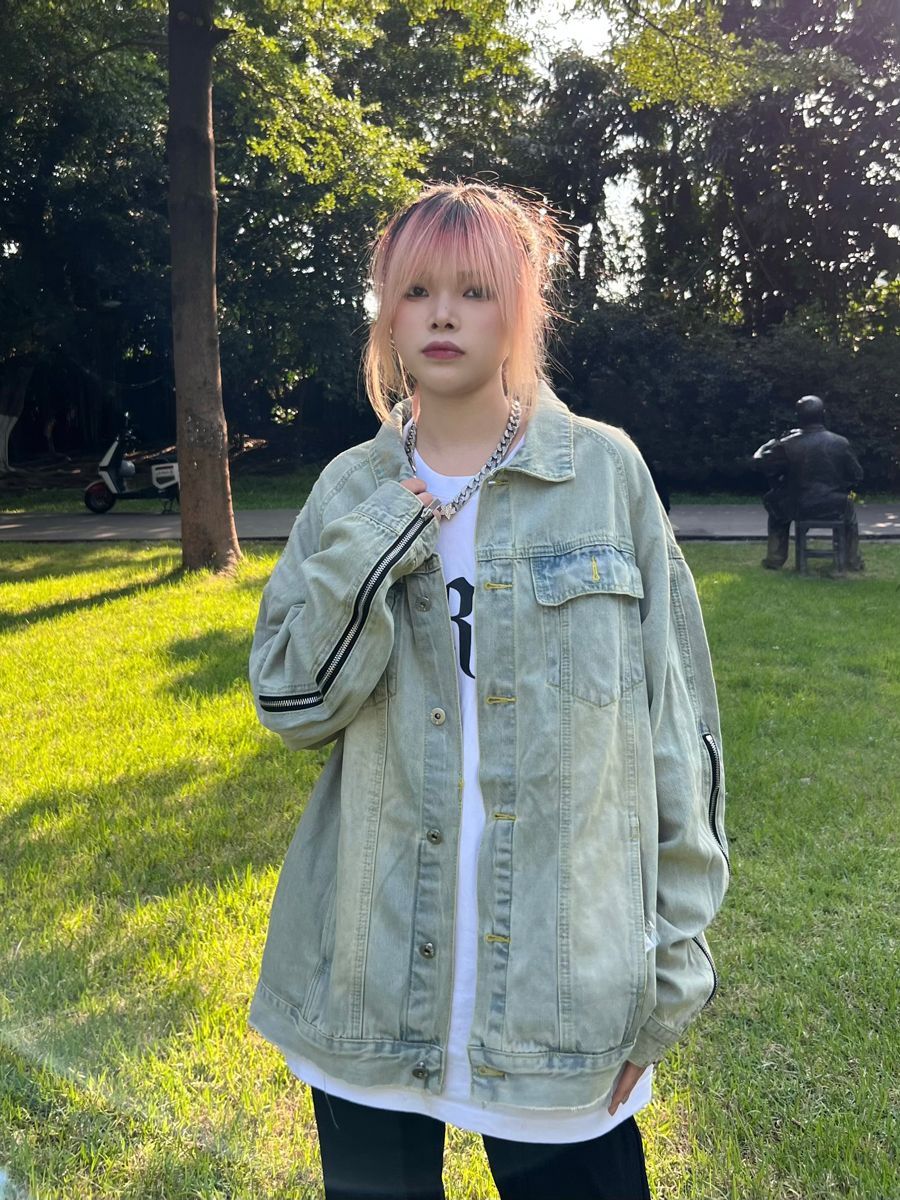 JU403 street retro old washed denim jacket zipper design loose jacket men and women trendy ins
