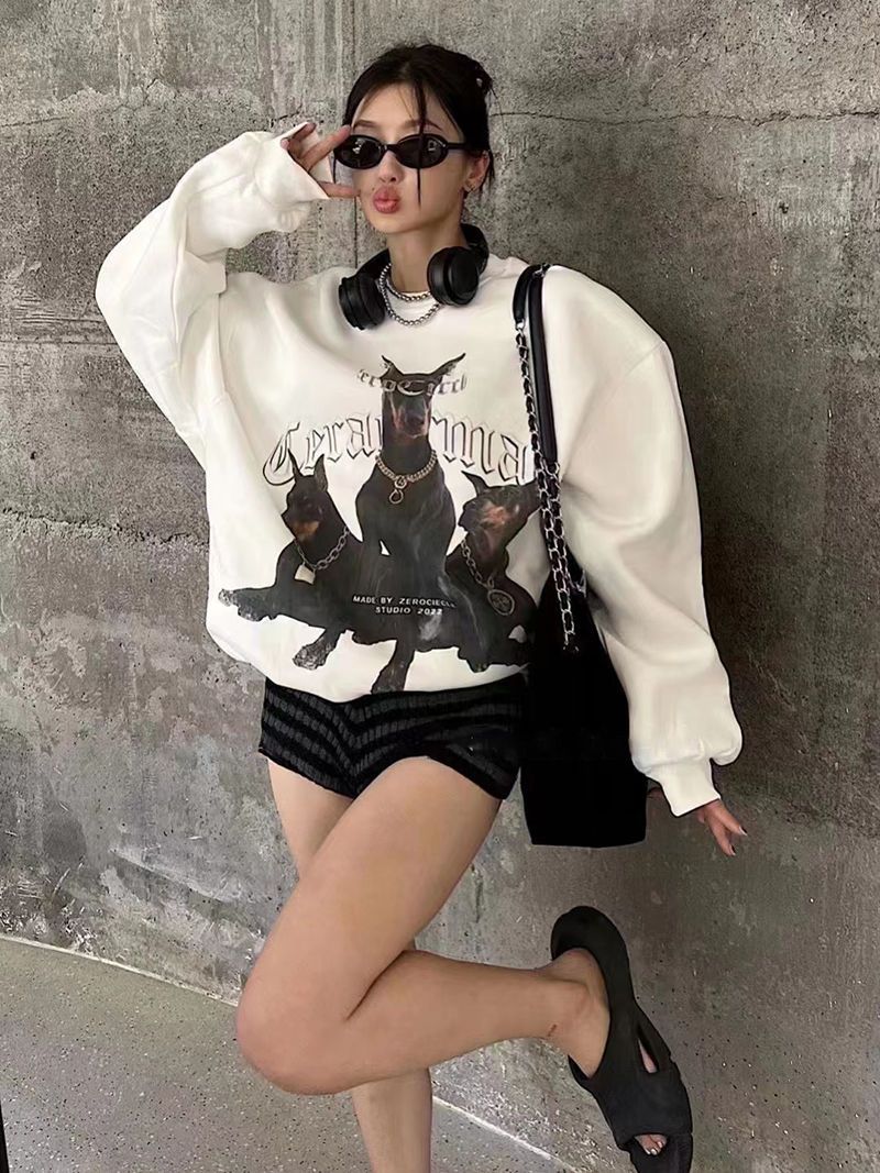 吉兔狗 纯棉杜宾狗卫衣印花圆领套头韩版宽松卫衣女秋冬款慵懒风