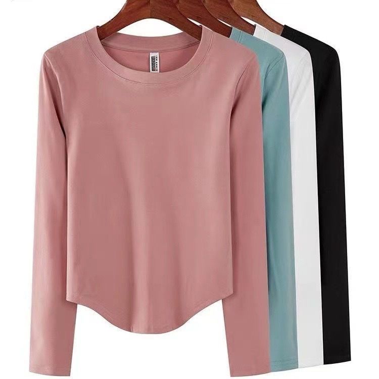 2023 Autumn and Winter Round Neck German Velvet Solid Color Arc Hem Bottoming Shirt Long Sleeve Top Paired Inside Pure White T-Shirt for Women