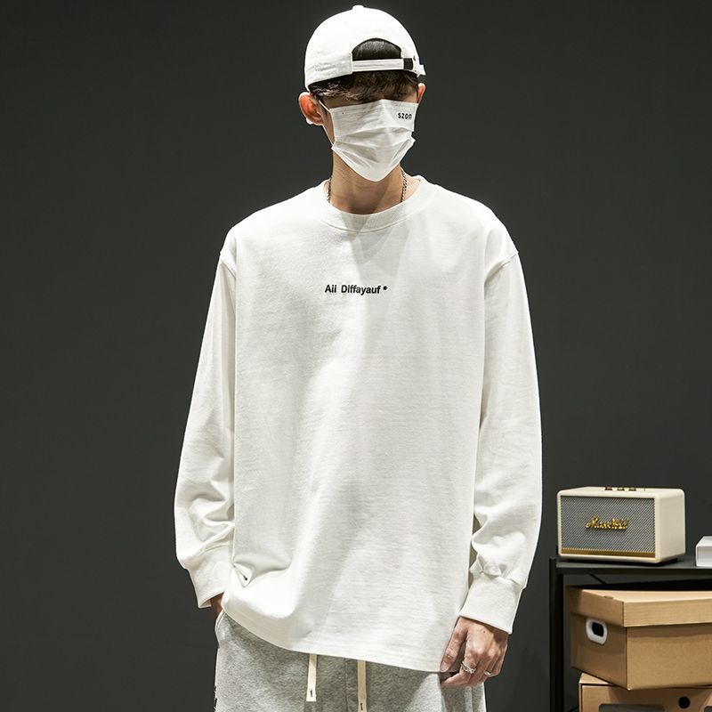 100% cotton Japanese long-sleeved t-shirt boys autumn trend loose top plus velvet round neck simple letter base T