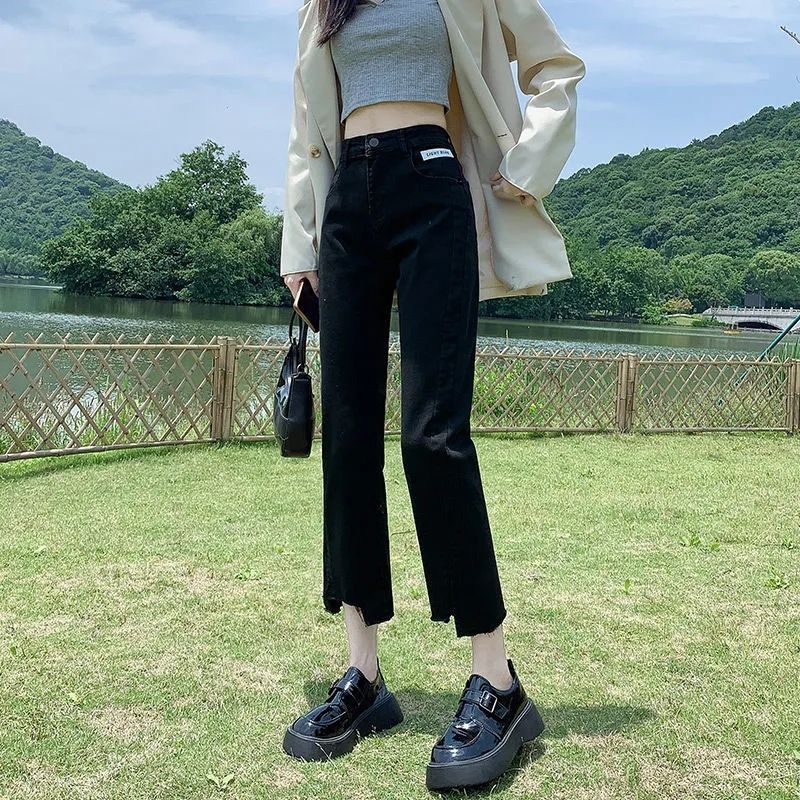 黑色高腰九分牛仔褲女春秋新款小個子不規則直筒寬鬆開叉煙管褲潮
