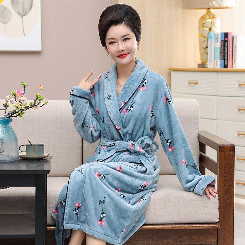 Flannel middle-aged mother autumn and winter warm pajamas nightgown mid-length long-sleeved elderly loose plus size fat MM