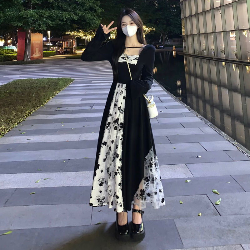 Plus size fat MM Hepburn style mesh splicing dress women's autumn new high-end black French slim long skirt